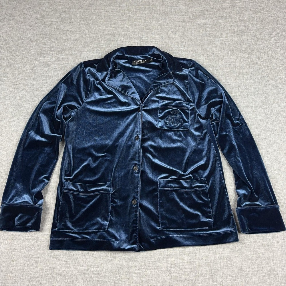 Lauren Ralph Lauren Pajama Top Womens Small Blue Velour Black Label Sleepwear